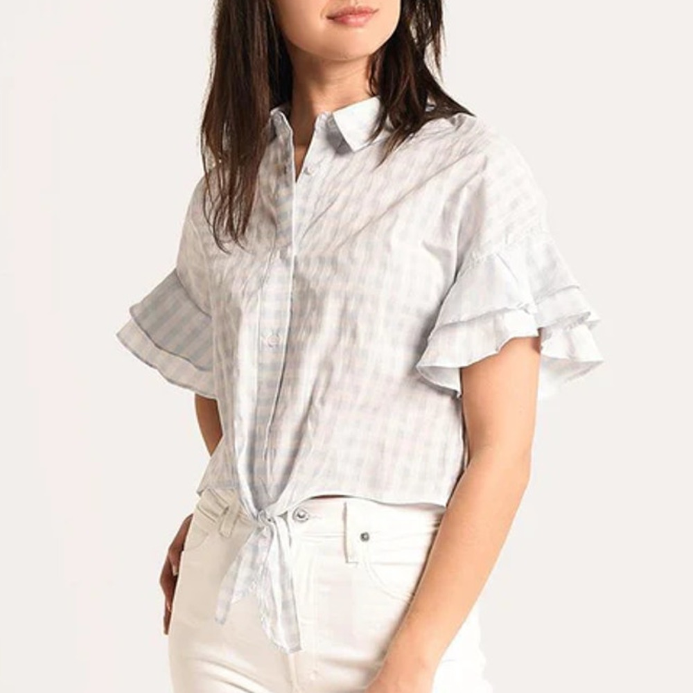 Cupcakes & Cashmere Sunnie Top Blue Gingham Tie-Hem Ruffle Sleeve M